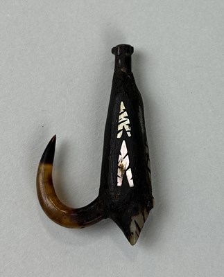 Lot 456 - A 19TH CENTURY TRIBAL FISHING HOOK INLAID WITH MOTHER OF PEARL, PROBABLY SOUTH SEA ISLANDS