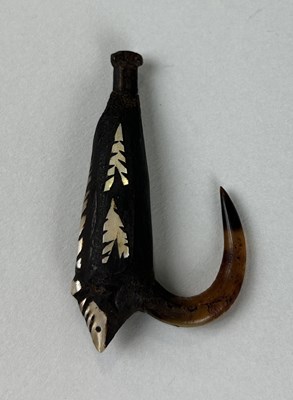 Lot 456 - A 19TH CENTURY TRIBAL FISHING HOOK INLAID WITH MOTHER OF PEARL, PROBABLY SOUTH SEA ISLANDS