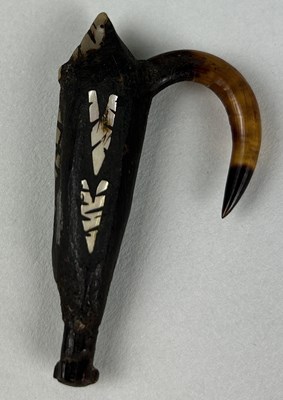 Lot 456 - A 19TH CENTURY TRIBAL FISHING HOOK INLAID WITH MOTHER OF PEARL, PROBABLY SOUTH SEA ISLANDS