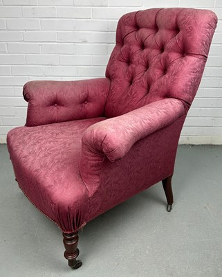 Lot 279 - A VICTORIAN BUTTON BACK ARMCHAIR IN THE MANNER...