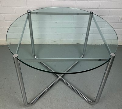 Lot 319 - A GLASS AND ALUMINIUM CIRCULAR TABLE POSSIBLY...