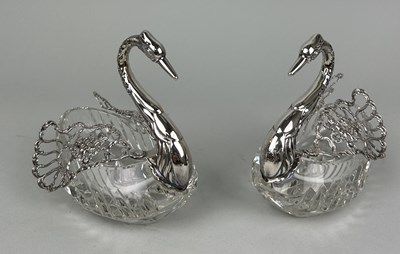 Lot 312 - A PAIR OF 925 STERLING SILVER AND CRYSTAL 'SWAN' DISHES (2)