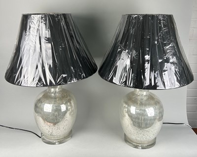 Lot 357 - A PAIR OF MOTTLED MIRROR BALUSTER TABLE LAMPS...