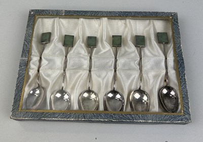 Lot 313 - A SET OF SIX HONG KONG SILVER TEA SPOONS WITH JADE HANDLES