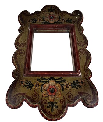 Lot 671 - A TYROLEAN WALL MIRROR PAINTED WITH FLOWERS AND FOLIATE SCROLLS