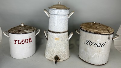 Lot 60 - KITCHENALIA: AN ENAMELLED 'BREAD' BIN AND...