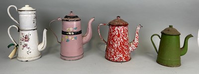 Lot 60A - A SET OF FOUR PAINTED ENAMEL COFFEE POTS...