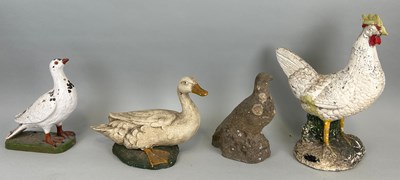 Lot 62 - A SET OF FOUR PAINTED CERAMIC AND STONE BIRDS,...