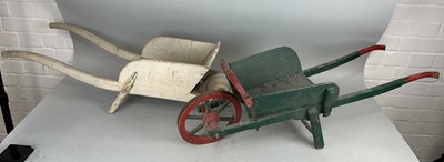 Lot 70 - A PAIR OF ANTIQUE PAINTED WHEEL BARROWS,...