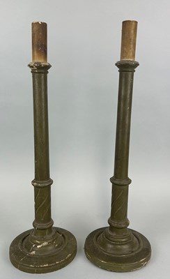 Lot 97 - A PAIR OF GREEN PAINTED WOODEN CANDLESTICKS