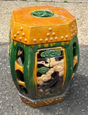 Lot 131 - A CHINESE SANCAI GLAZED BARREL STOOL, 

45cm x...