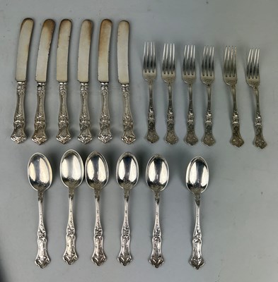 Lot 153 - A SILVER FLATWARE SET COMPRISING SIX KNIVES,...