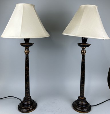 Lot 995 - A PAIR OF BLACK LACQUERED TABLE LAMPS DECORATED WITH A CHINESE PATTERN, FROM ALTFIELD, HONG KONG