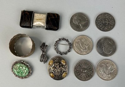 Lot 313 - SILVER BROOCHES, JADE, COINS, MOVADO PURSE WATCH