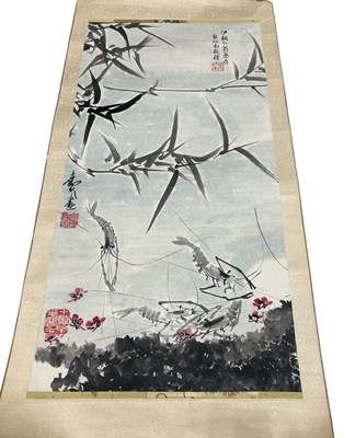 Lot 587 - A CHINESE PAINTING ON SCROLL DEPICTING LOBSTERS OR SHRIMPS IN A POOL OF WATER