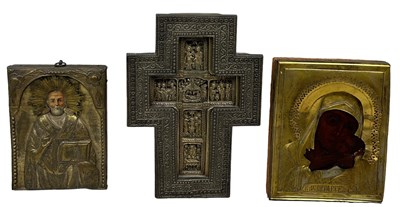 Lot 376 - A GROUP OF THREE ORTHODOX ICONS IN METAL...