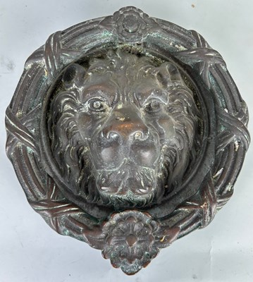 Lot 459 - A LARGE ANTIQUE BRONZE LION HEAD DOOR KNOCKER,...