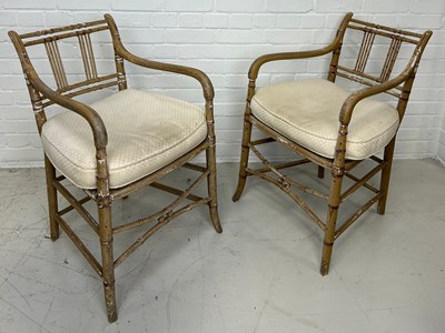 Lot 462 - A PAIR OF REGENCY FAUX BAMBOO ARMCHAIRS WITH...