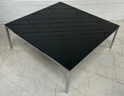 Lot 514 - A CHROME COFFEE TABLE WITH BLACK GLASS TOP,...