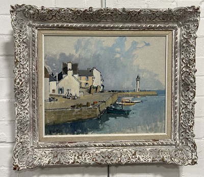 Lot 756 - GEORGES CHARLES ROBIN (FRENCH 1903-2003): AN OIL PAINTING ON CANVAS DEPICTING PORT HALIGUEN, QUIBERON BAY, FRANCE