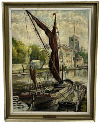 Lot 431 - CORNISH SCHOOL: AN OIL PAINTING ON BOARD DEPICTING SAILBOATS IN A HARBOUR