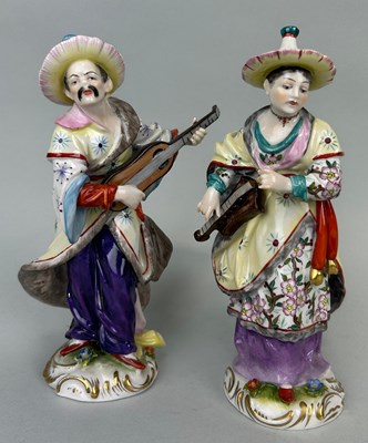 Lot 572 - A PAIR OF PORCELAIN MALABAR MUSICIAN FIGURES,...