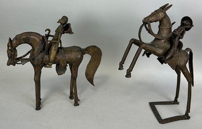 Lot 594 - A PAIR OF BENIN BRONZE FIGURES ON HORSEBACK,...