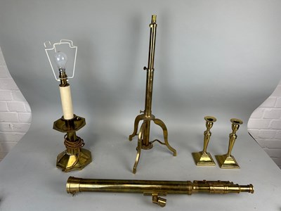 Lot 595 - BRASSWARE TO INCLUDE PAIR CANDLESTICKS, TRIPOD...