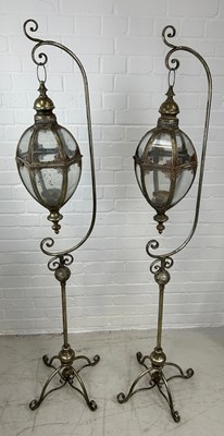 Lot 597 - A PAIR OF GARDEN HANGING LANTERNS ON STAND,...