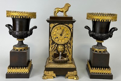 Lot 665 - A FRENCH BRONZE CLOCK GARNITURE MARKED FOR...