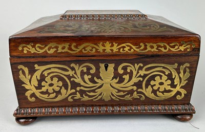 Lot 666 - A DUTCH SEWING BOX WITH BRASS INLAY AND EGG...