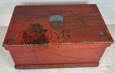 Lot 682 - A FOLK ART RED PAINTED PINE TRUNK BELONGING TO...