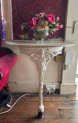 Lot 1 - A CAST IRON DEMI LUNE CONSOLE TABLE WITH...