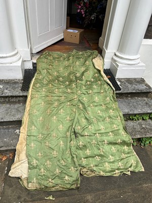 Lot 4 - A PAIR OF ANTIQUE GREEN CURTAINS WITH FLEUR DU...