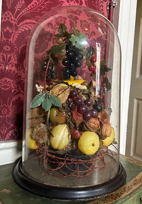 Lot 10 - A VICTORIAN GLASS DOME AND BASE FILLED WITH...