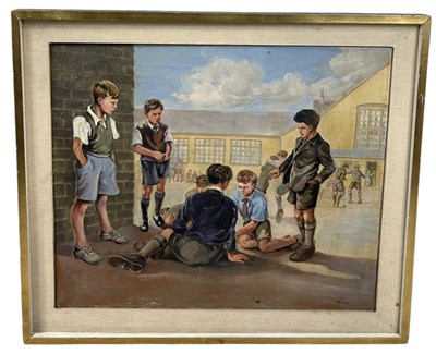 Lot 408 - AN OIL PAINTING ON CANVAS DEPICTING SCHOOLBOYS