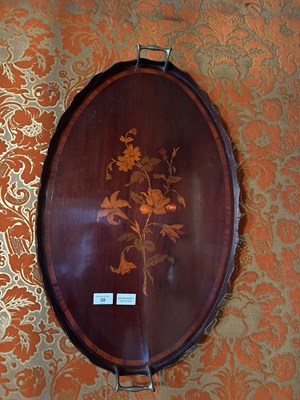 Lot 34 - AN EDWARDIAN MARQUETRY INLAID OVAL TRAY,

Tray...