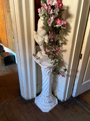 Lot 43 - TWO WHITE PAINTED PEDESTALS WITH CHERUBS AND...