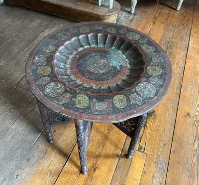 Lot 52 - A MOROCCAN BENARES TABLE WITH ENAMELLED TRAY,...