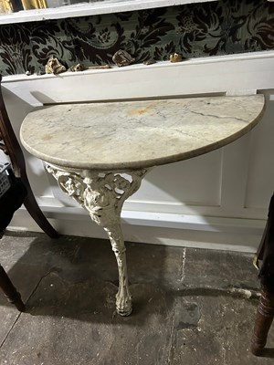 Lot 60 - A CAST IRON DEMI LUNE CONSOLE TABLE WITH...