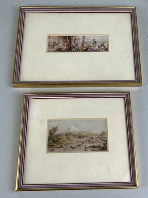 Lot 821D - TWO FINE MINIATURE WATERCOLOUR PAINTINGS, ONE DEPICTING A CLASSICAL SCENE WITH FIGURES DANCING, THE OTHER A RURAL SCENE WITH FIGURES FISHING IN A RIVER