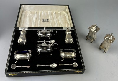 Lot 129 - A CASED SILVER CRUET AND SHAKER SET, ALONG...