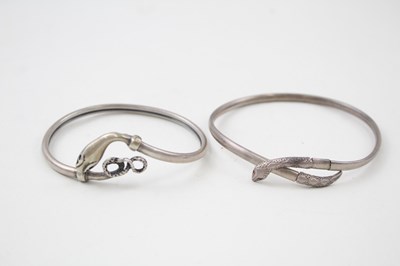 Lot 184 - TWO SILVER 1940'S SNAKE BANGLES INCLUDING GEM...