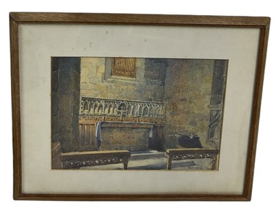 Lot 491 - FRANK BROWN: A WATERCOLOUR PAINTING ON PAPER DEPICTING A CHURCH ALTAR