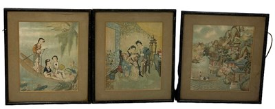 Lot 402 - THREE CHINESE PRINTS DEPICTING LADIES IN COURT...