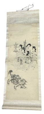 Lot 591 - A CHINESE QING DYNASTY PAINTING ON SCROLL DEPICTING FEMALE FIGURES HOLDING CORAL ALONG WITH A QILIN