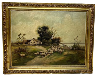 Lot 514 - A NAIVE OIL PAINTING ON CANVAS DEPICTING SHEEP...