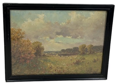 Lot 433 - AN OIL PAINTING ON BOARD DEPICTING A FIELD WITH SHEEP AND TREES