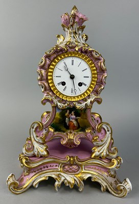 Lot 578 - A FRENCH PORCELAIN MANTLE CLOCK ON STAND BY...