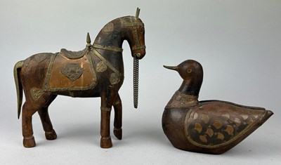 Lot 582 - TWO INDIAN WOODEN AND HAMMERED COPPER FIGURES,...